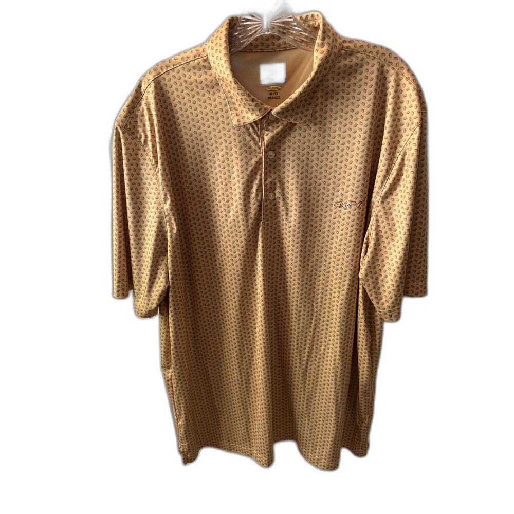 Greg Norman Play Dry Golf Polo Men’s XL Tan Geometric Print Performance Shirt